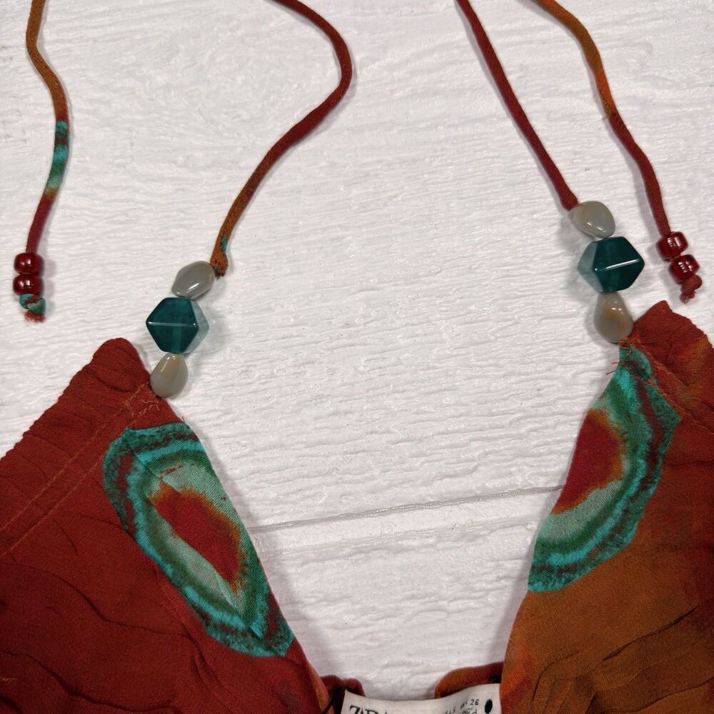 Zara Boho Festival Halter Crop Top Tie Dye Rust Teal Beaded Smocked Small NWT - Picture 9 of 16